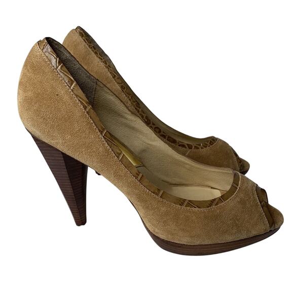 Michael Kors Pumps Women's Size 10 Brown Leather Tan Peep Toe Coquette - Picture 2 of 8